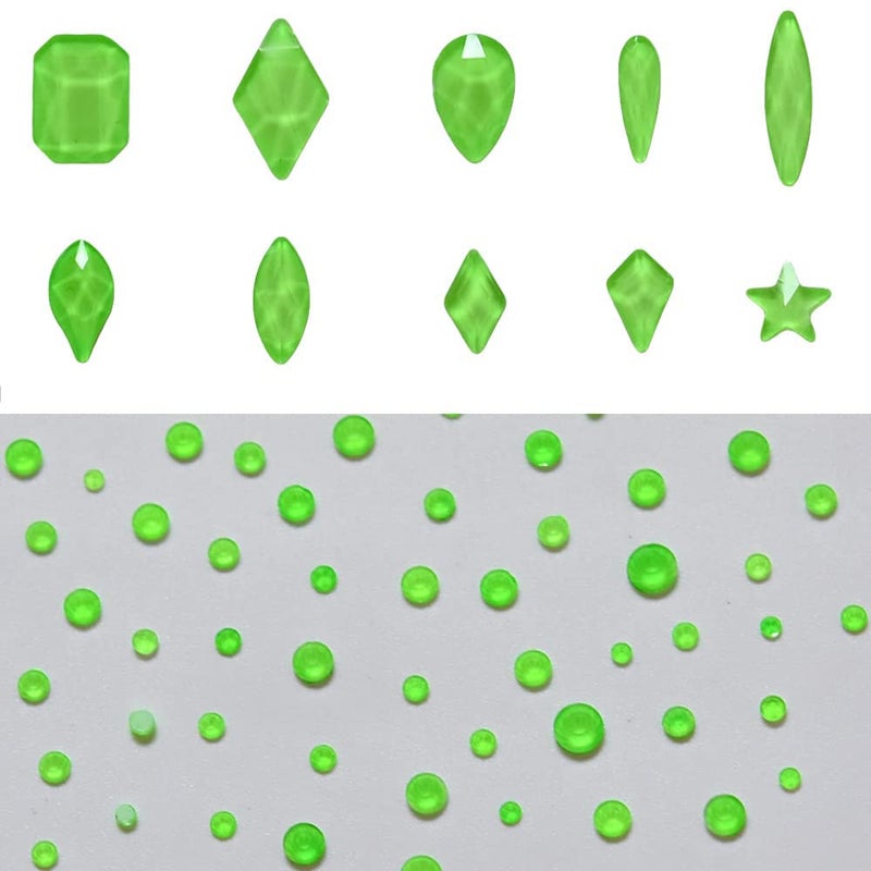Tisslan 820pcs Neon Green Flatback Crystals Glass Mix Designs Nail Rhinestones Bulk Round Beads Stones Assortment Gems and Charms for Nail Decoration Accessory